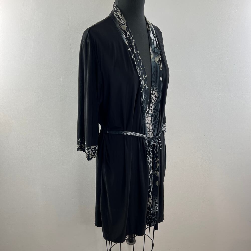 Josie Natori Black Robe Leopard Print Open Front … - image 4